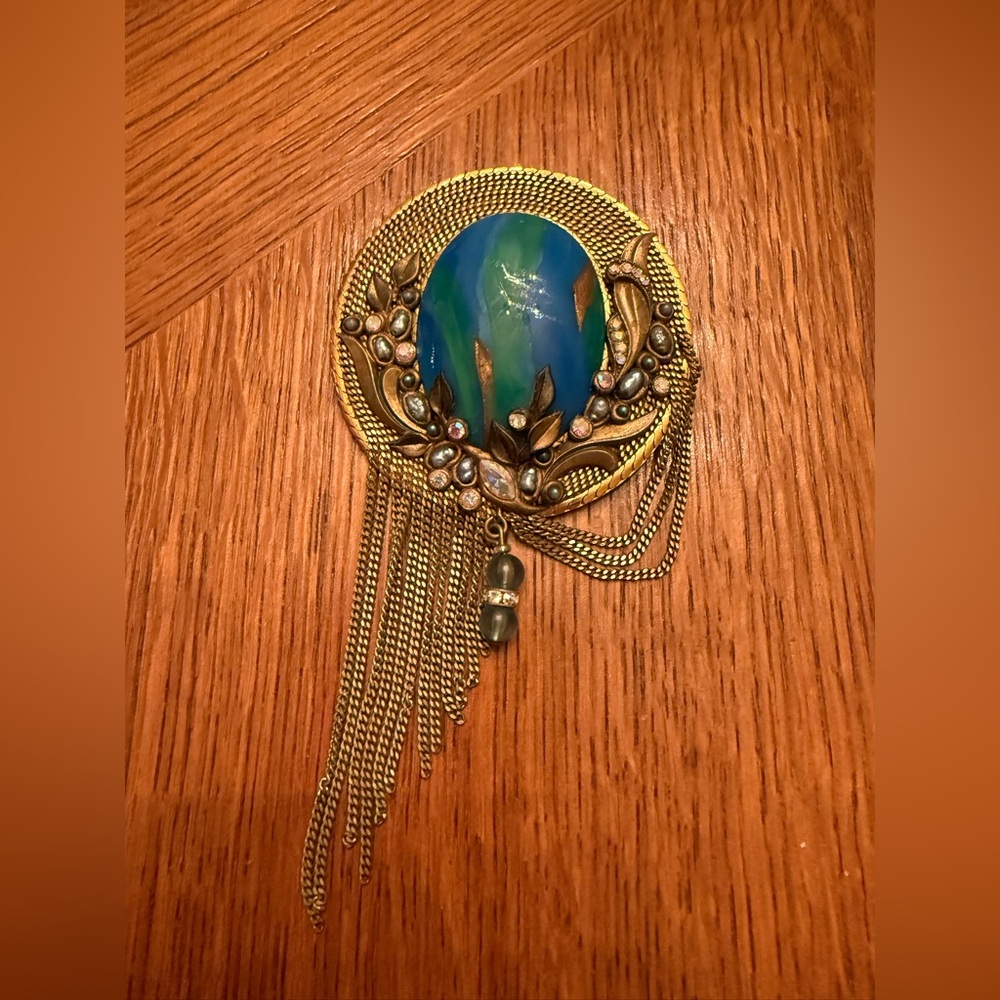 Marena Vintage Gold and Blue Brooch with Chain Fringe